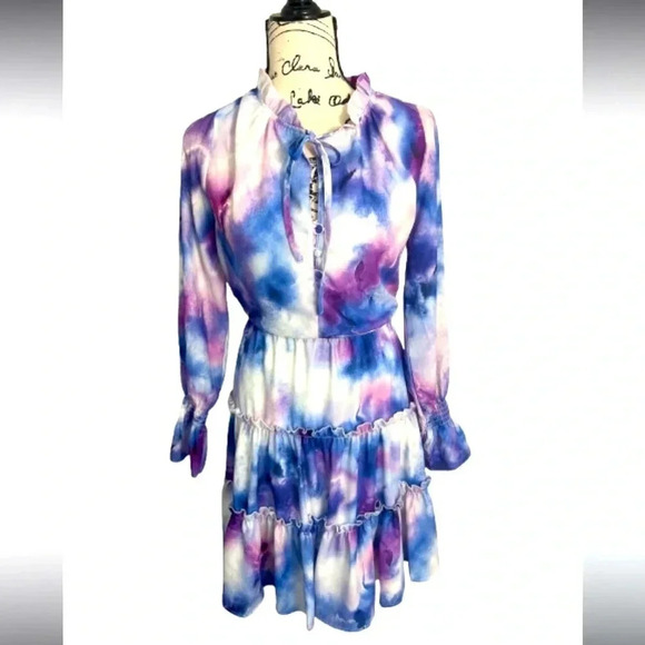 ELLEN TRACY DRESS BLUE & PURPLE PASTELS BOHEMIAN RUFFLES  LONG SLEEVES SIZE XS - Picture 2 of 10